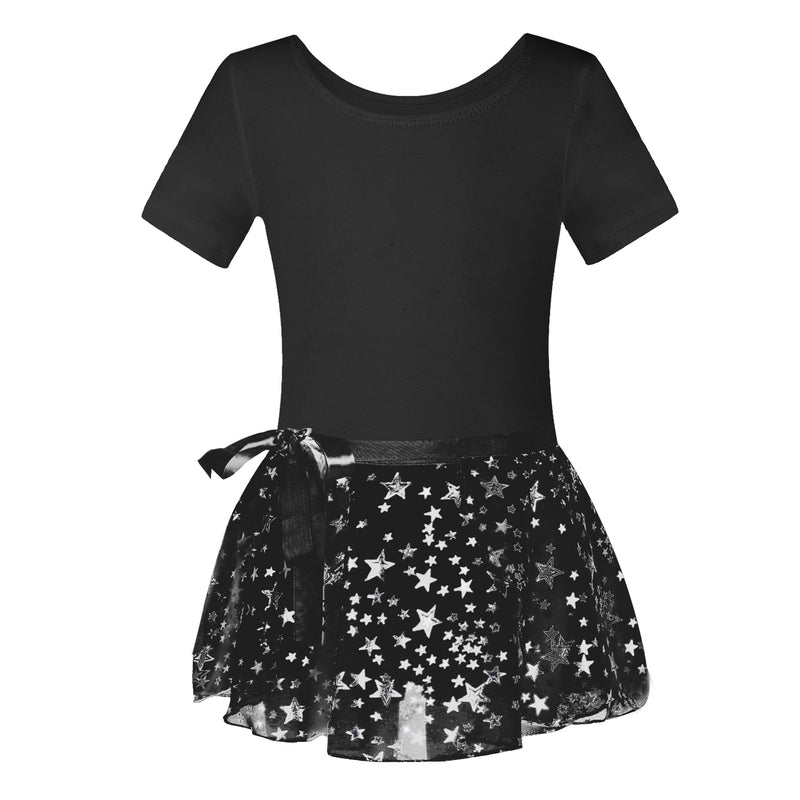 Girls Short Sleeves Dance Leotards with Sparkle Star Skirt