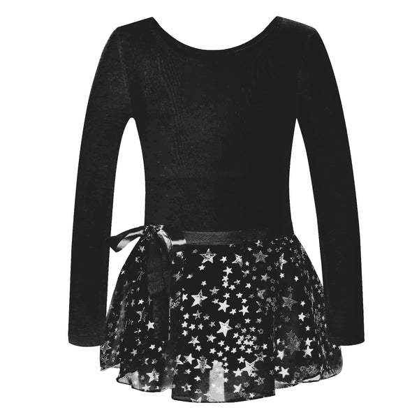 Girls Long Sleeves Dance Leotards with Sparkle Star Skirt