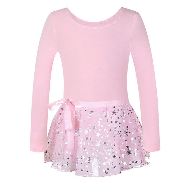 Girls Long Sleeves Dance Leotards with Sparkle Star Skirt