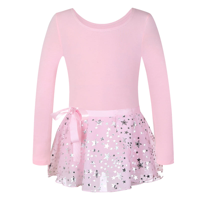 Girls Long Sleeves Dance Leotards with Sparkle Star Skirt