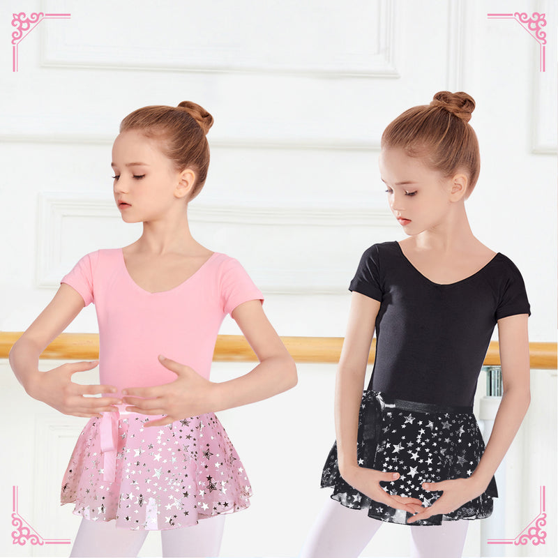 Girls Short Sleeves Dance Leotards with Sparkle Star Skirt