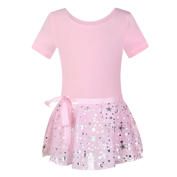 Girls Short Sleeves Dance Leotards with Sparkle Star Skirt