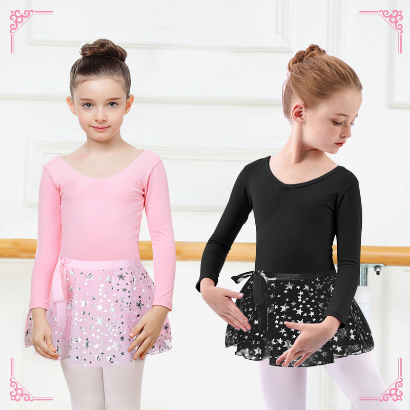 Girls Long Sleeves Dance Leotards with Sparkle Star Skirt